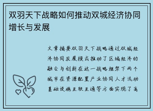 双羽天下战略如何推动双城经济协同增长与发展