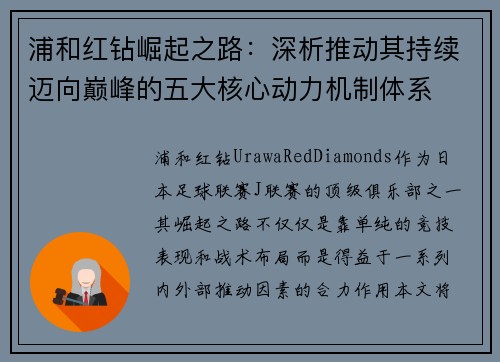 浦和红钻崛起之路：深析推动其持续迈向巅峰的五大核心动力机制体系
