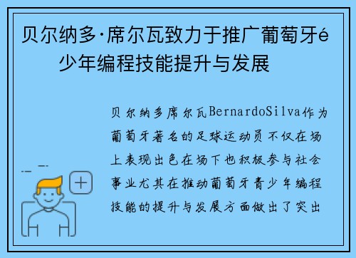 贝尔纳多·席尔瓦致力于推广葡萄牙青少年编程技能提升与发展 贝尔纳多·席尔瓦致力于推广葡萄牙青少年编程技能提升与发展