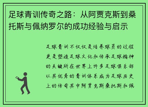 足球青训传奇之路：从阿贾克斯到桑托斯与佩纳罗尔的成功经验与启示