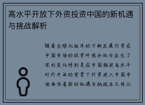 高水平开放下外资投资中国的新机遇与挑战解析