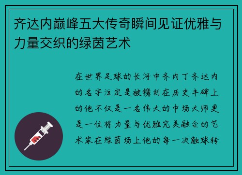 齐达内巅峰五大传奇瞬间见证优雅与力量交织的绿茵艺术